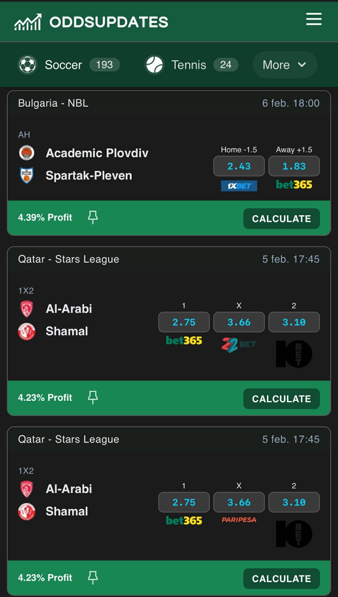 Surebets Mobile Interface