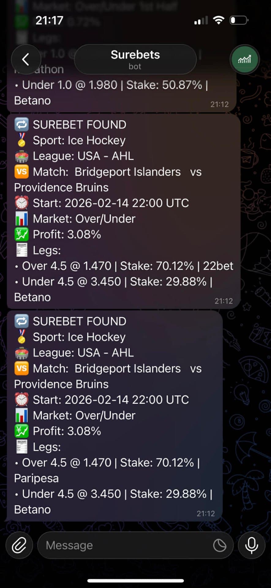 Surebet Telegram notifications