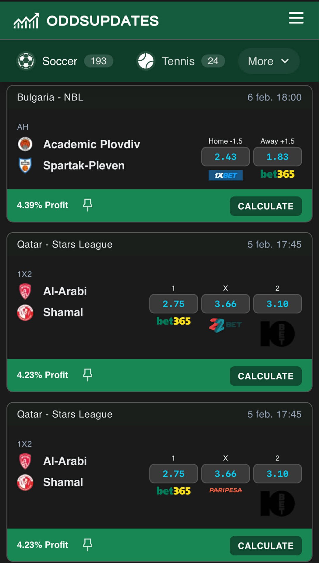Surebets Mobile Interface