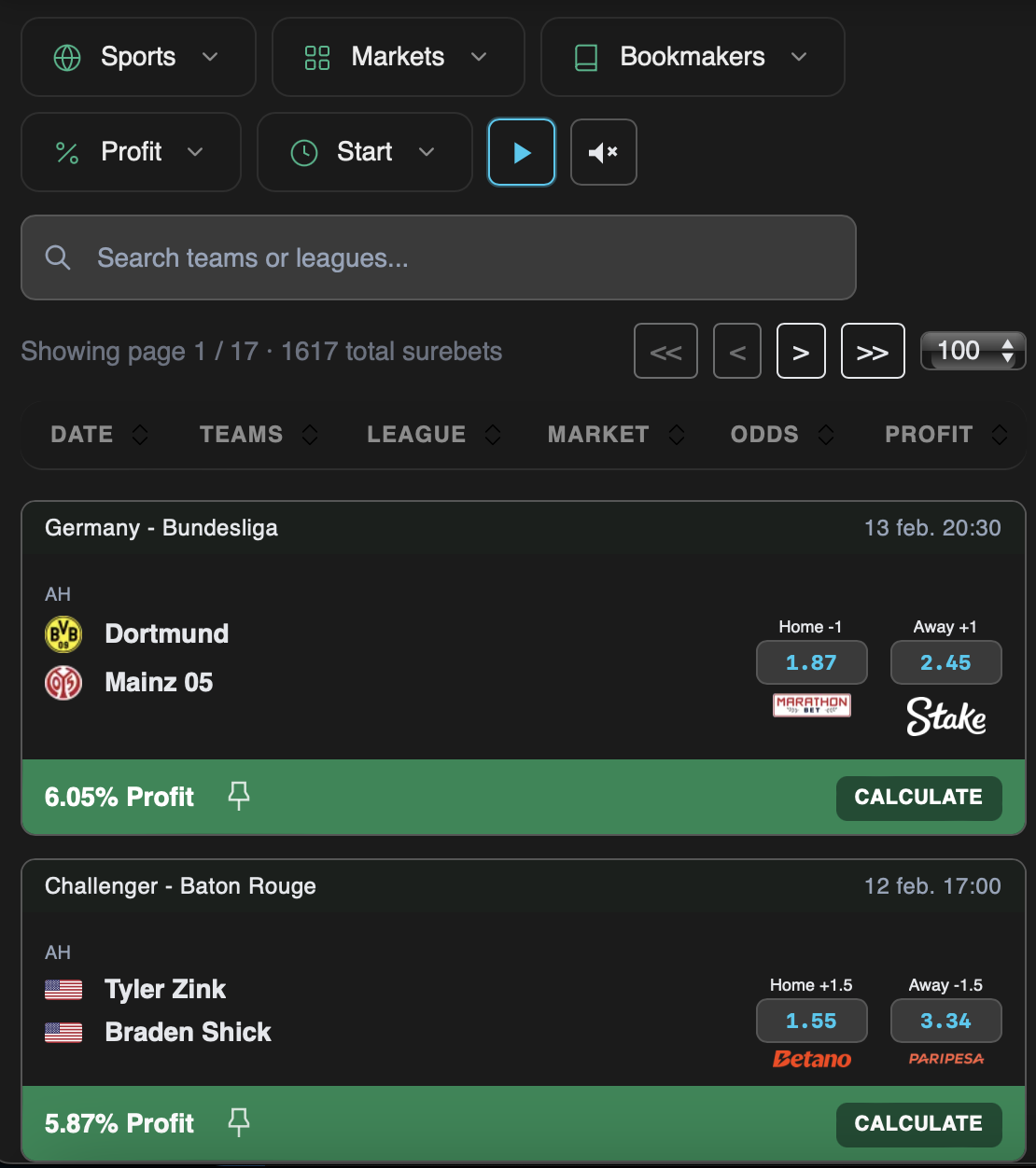 Surebets Desktop Interface